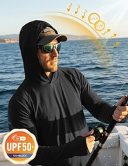 Fishing Shirts for Men’s Long Sleeve Hooded Rash Guards UPF Sun Black X-Large