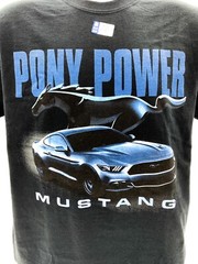 Ford Mustang T-Shirt – Black w/ Blue “Pony Power” Script & Running Pony Logo