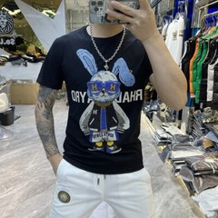 New Fashion Hot Drill Rabbit Cartoon Rhinestones Trend Summer Luxury Men T-Shirt