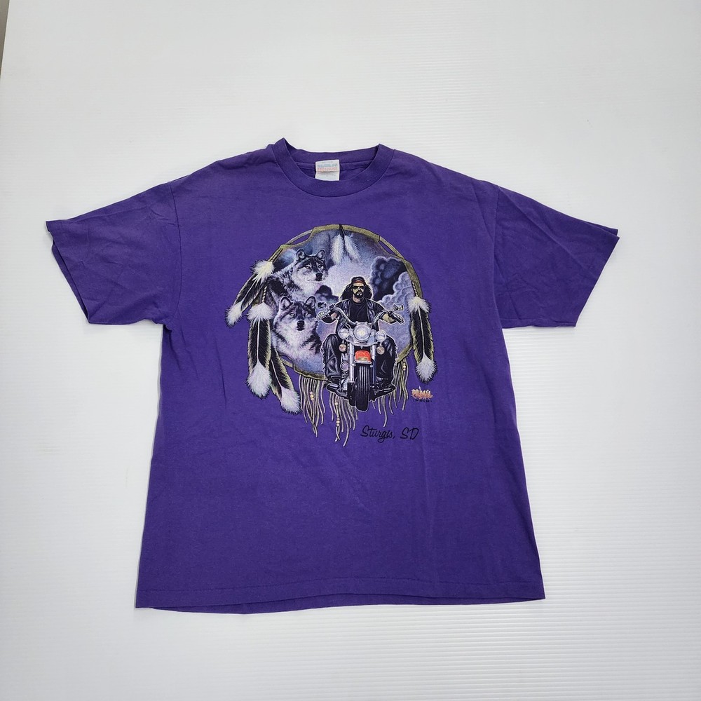 Vtg 90s Sturgis Motorcycle Biker Shirt Purple Wolf Native American Dream Catcher