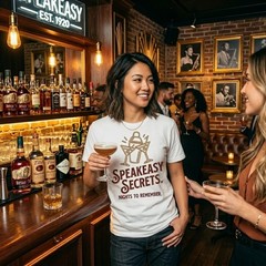 Speakeasy Secrets T-Shirt – Vintage Cocktail Graphic Tee – Retro Bar & Nightlife