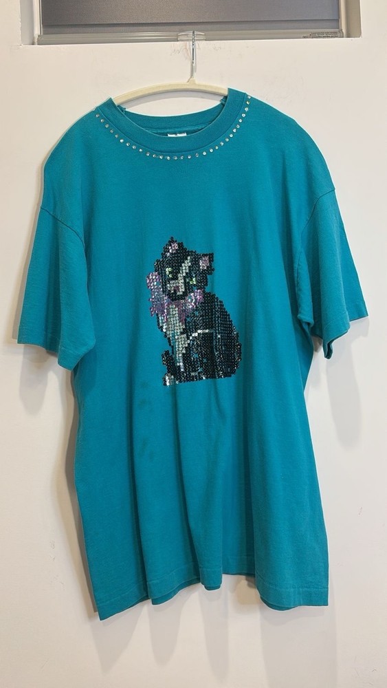 Vintage 90s BVD Premium Series Teal Cat T-Shirt XXL Made in USA Sequin Bedazzled
