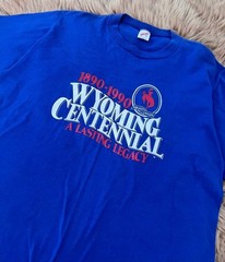 Vintage 1990 Wyoming Centennial T Shirt XL Jerzees Single Stitch USA Tee Blue
