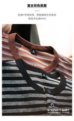 American Casual Striped Men Loose Retro Henry Collar Long-Sleeved T-Shirt Autumn