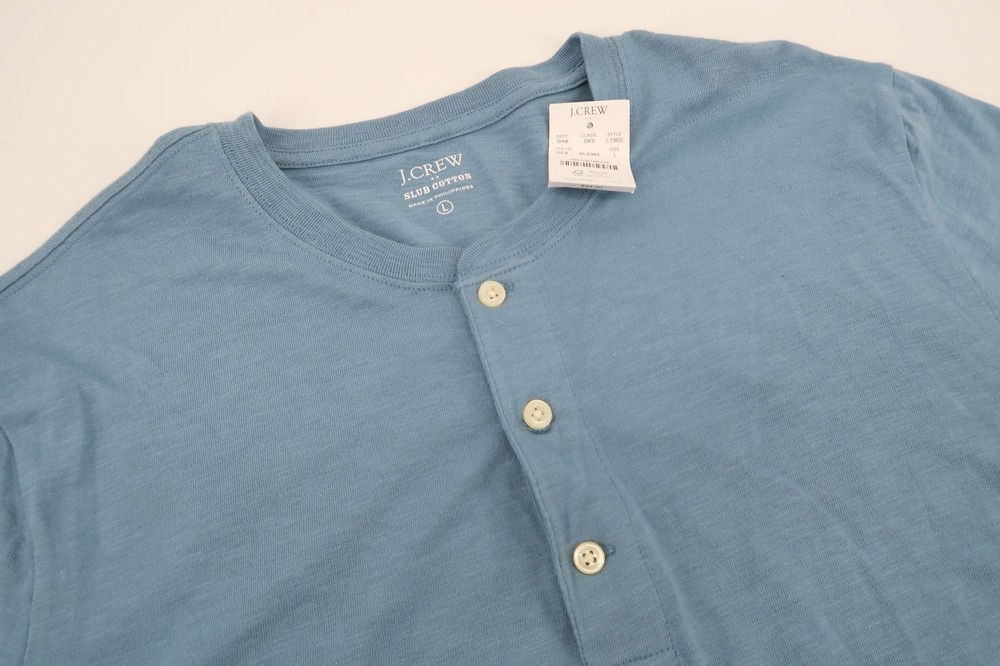 J CREW Henley Shirt Mens Large Blue Short Sleeve Tee Slub Cotton L1965 New