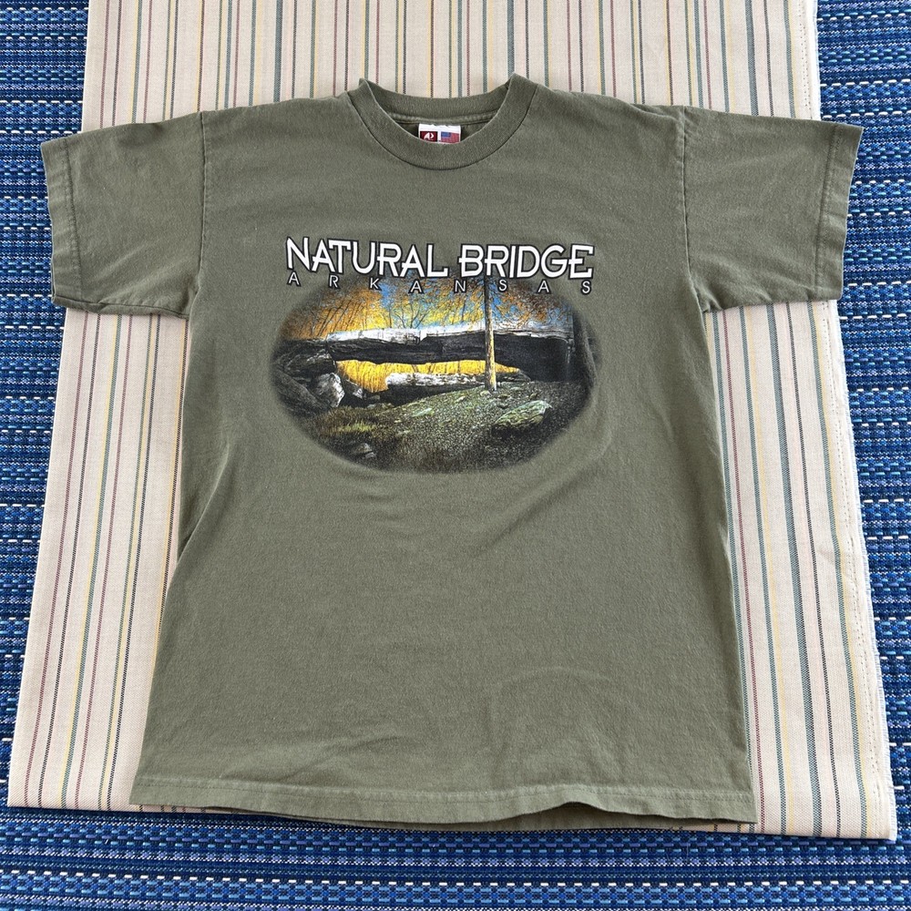VTG Arkansas Natural Bridge Shirt Mens Medium Green Bayside Nature Outdoors 8545