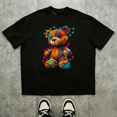 Men’s Loose Street Style T-Shirt — Colorful Patchwork Teddy Bear Graffiti