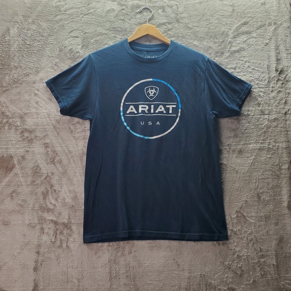 Ariat Mens Medium Blue Graphic T Shirt USA Logo Buckle Western Casual Tee