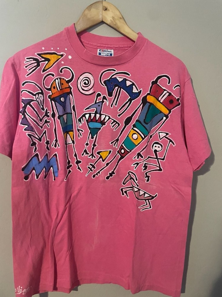 Vintage 1988 Abstract Pop Art Native Petroglyph Pink T-Shirt
