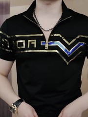 New Men Luxury Diamond Rhinestones Fashion Black Polo T-Shirt High Quality