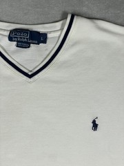 Vintage Polo Ralph Lauren Men’s Large White V Neck Pique Tee Pony Logo Preppy