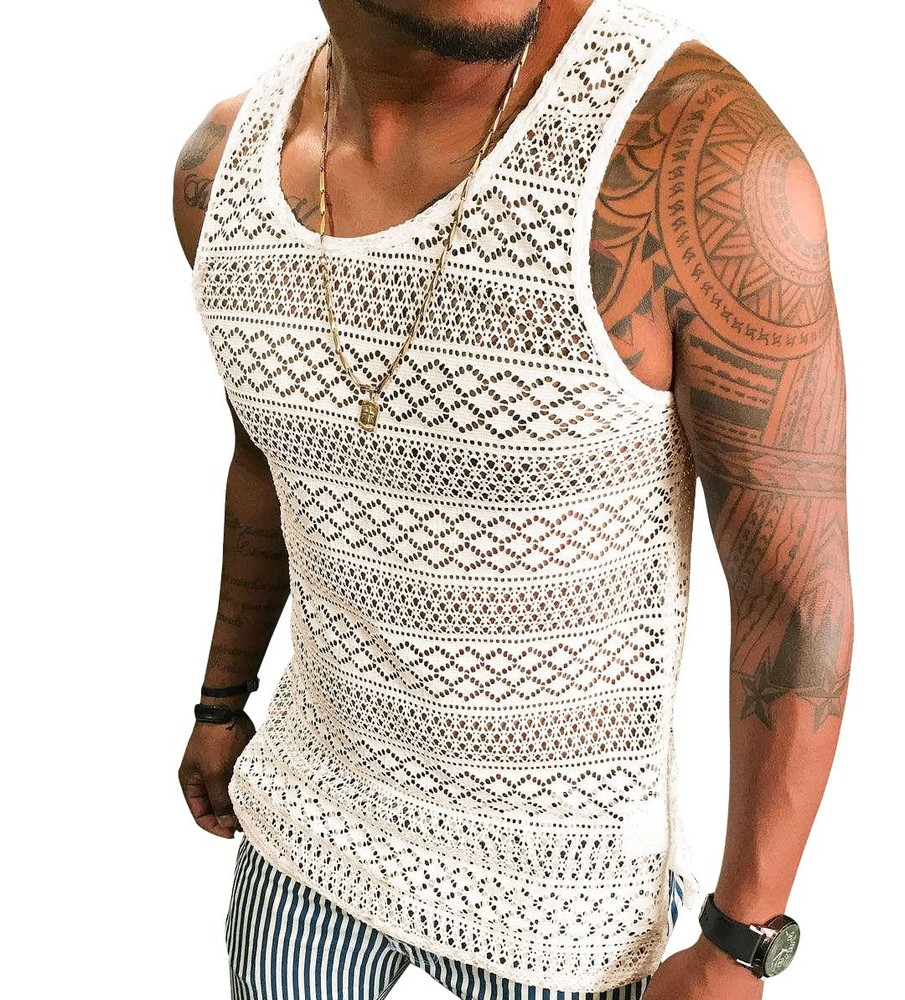 Syktkmx Mens See Through Vest Crewneck Sleeveless Tank Tops Muscle Sexy Mesh …