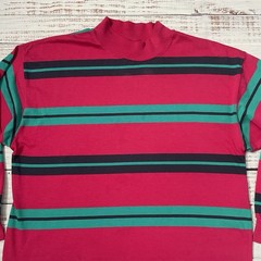 Vintage Class 955 Pink Green Striped Long Sleeve Blank Shirt Adult M Mock Neck