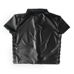 Mens PU Leather Side Lace-up Shirts Vest Turn-down Collar Dance Club Crop Tops
