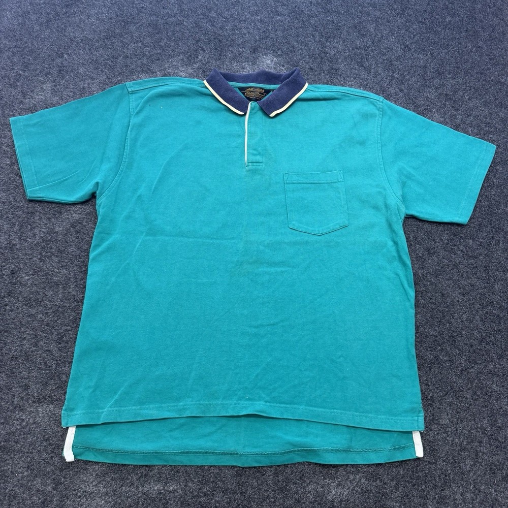 VTG Eddie Bauer Henley Shirt Mens XL Teal Blue Contrast Collar Made in USA 90s