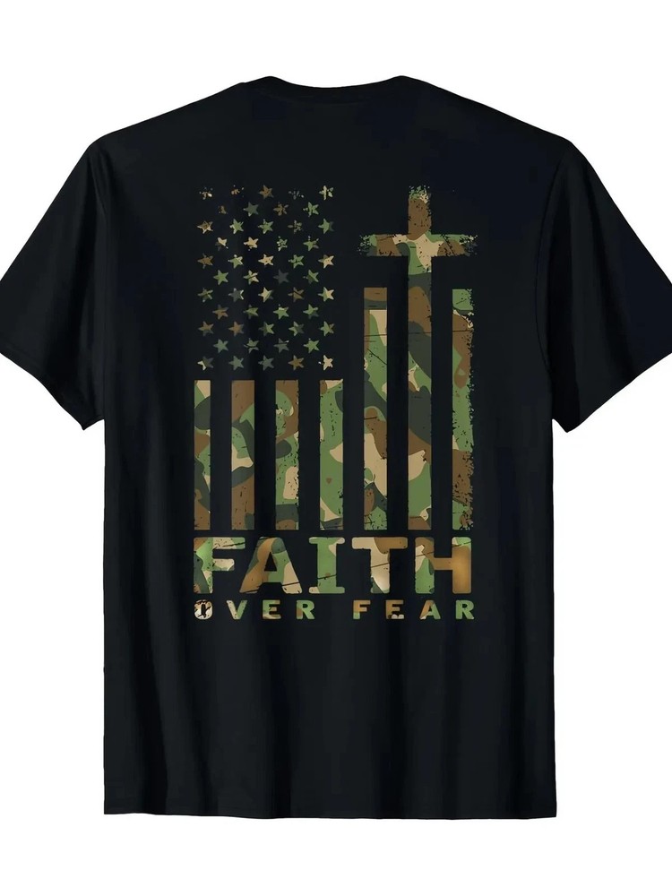 Patriotic Christian T-Shirt Military Camo American Flag Cross Faith Over Fear