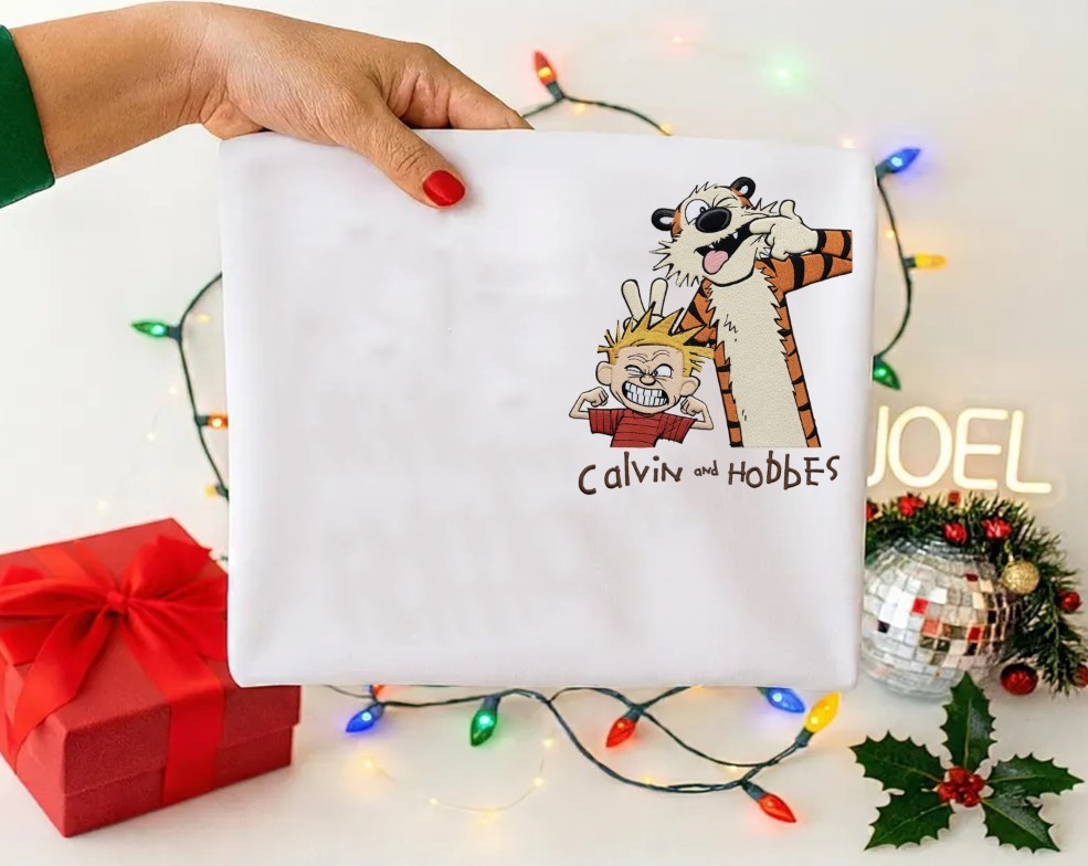 Embroidered Right Corner Callvin and Tiger Books Funny Cartoon Comic Gift TShirt