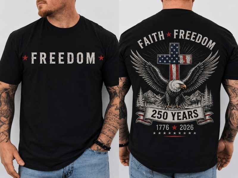 Men’s Faith Freedom USA 250 Years Graphic T-Shirt, Patriotic Eagle Cross Tee