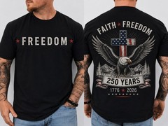 Men’s Faith Freedom USA 250 Years Graphic T-Shirt, Patriotic Eagle Cross Tee