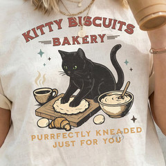 Black Cat Bakery Shirt, Cozy Coffee Cat Tee, Daily Kneads With Warm Brews