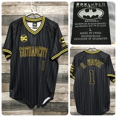 DC Batman Gotham City B. Wayne #1 Jersey Shirt Men’s L Black Pinstripe BoxLunch