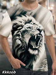 Mens Lion Print Short Sleeve Crew Neck T-Shirt Soft Breathable Casual Wear.