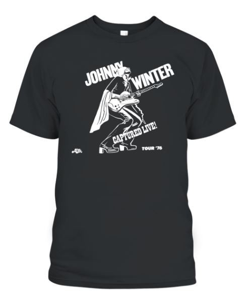 Johnny Winter Vintage 70s Captured Live! Tour 1976 T Shirt Black Reprint BTH55