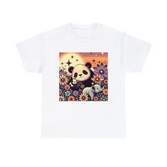 Unisex Adult T Shirt Cute Fun Whimsical Panda Elephants Sunset Meadow Retro Look