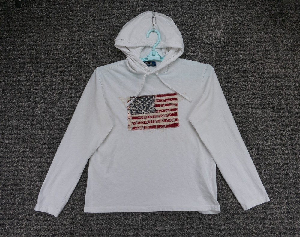 Polo Ralph Lauren T-Shirt Mens Medium White Hooded Embroidered American Flag USA