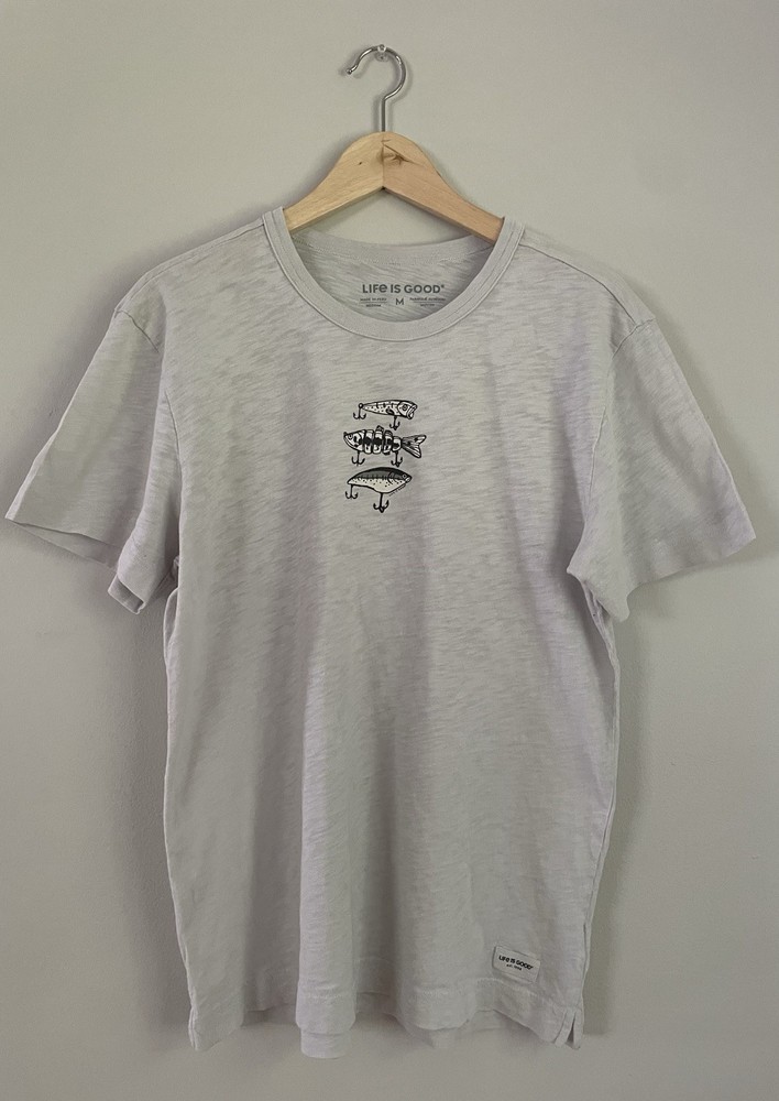 Life is Good Fishing Hooks Lures Tackle Grey T Shirt Sz M