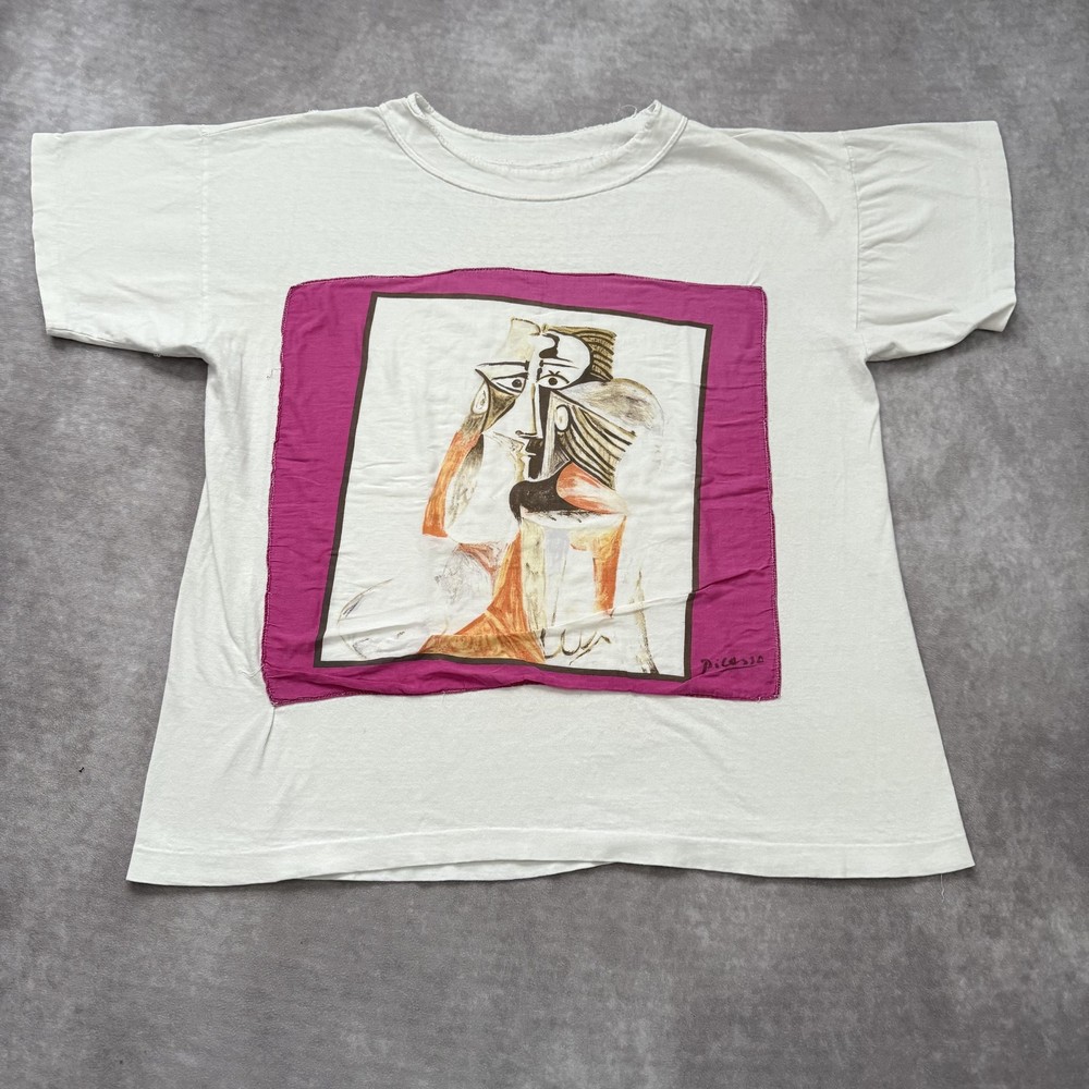 Vintage 90s Picasso Art Shirt Mens L White Cubist Graphic Tee Applique Patch