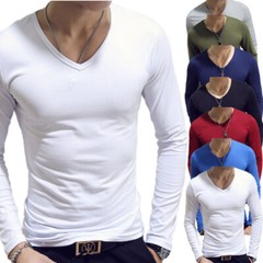 Mens Long Sleeve V-Neck T-shirt Stretch Undershirt Casual Solid Slim Fit Tops