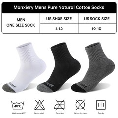 Monxiery Mens 100% Cotton Cushioned Moisture Wicking One Size, 5 Pairs Black