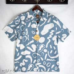Common People Shirt Mens Medium Blue White Geometric Seersucker Camp Collar