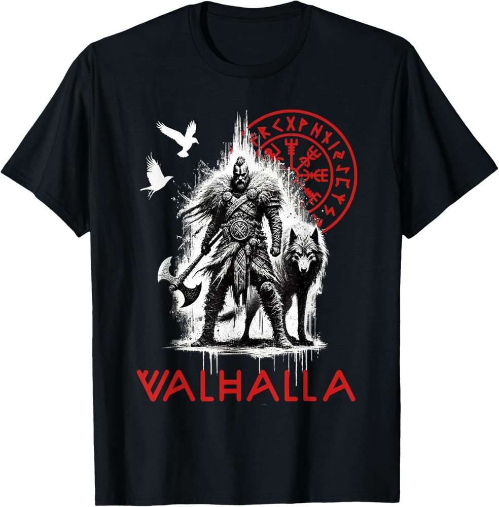 Valhalla Odin Wolf and Raven Viking Runes Norse Compass Gift Unisex T-Shirt