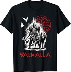 Valhalla Odin Wolf and Raven Viking Runes Norse Compass Gift Unisex T-Shirt