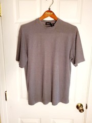 Vintage 90s Claiborne Mens Grey Verticle Lines Ribbed Crew Neck T-Shirt Men’s M