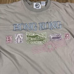 Vintage Hong Kong Shirt Mens XL Beige Embroidered Stamp Graphic Tourist Tee 90s