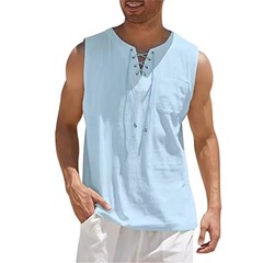 Men’s Cotton Linen Sleeveless Tank Top Retro Lace Up V Neck Summer Shirt