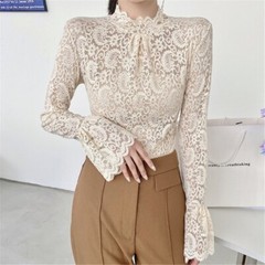 Women Long Sleeves Blouse Turtleneck T-shirt Stretch Lace Bottoming Tops