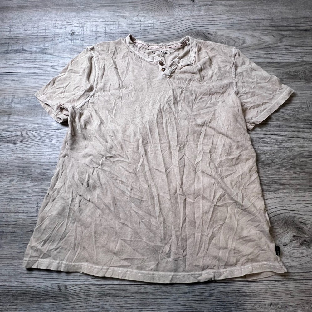 Lucky Brand Henley Shirt Mens Large Tan Short Sleeve Cotton Casual Basic Top