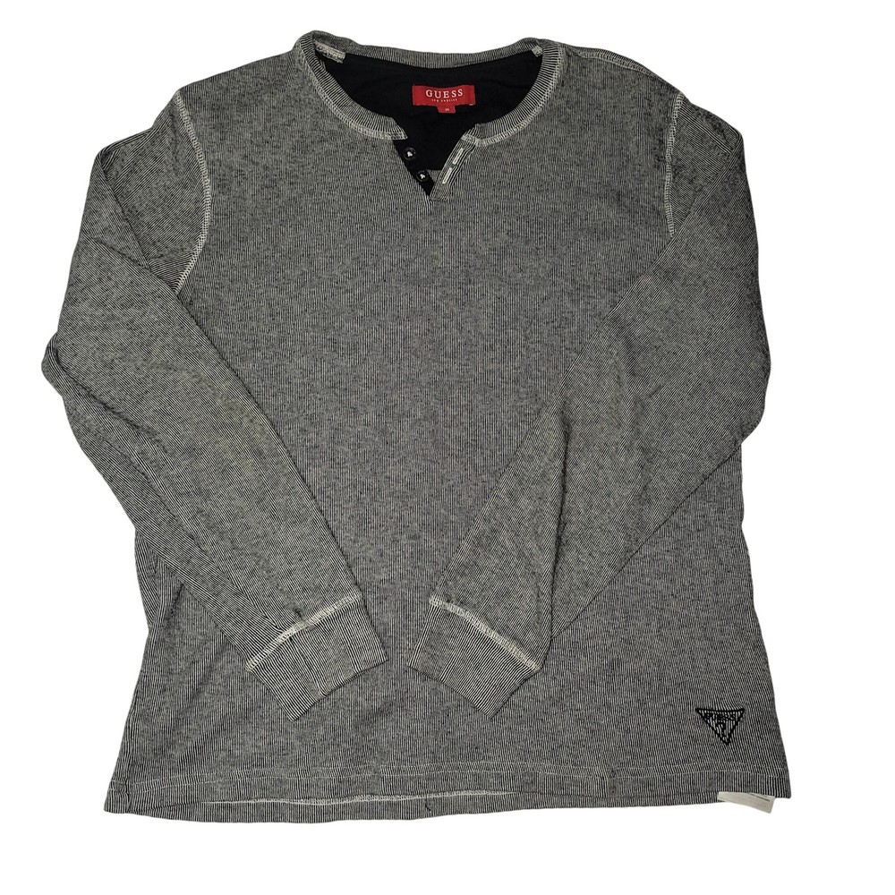 Guess Henley Shirt Mens Medium Gray Black Thermal Waffle Knit Long Sleeve FLAW