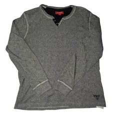 Guess Henley Shirt Mens Medium Gray Black Thermal Waffle Knit Long Sleeve FLAW