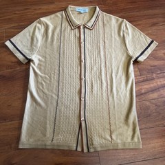 Stacy Adams Full Button Up Brown Polo Dress Shirt Men’s L Knit Embroidered Retro