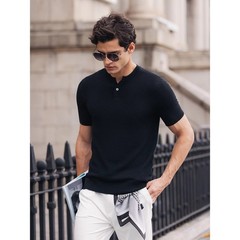 Henry Collar Short-Sleeved Knitted Sweater Men Breathable Summer Fashion