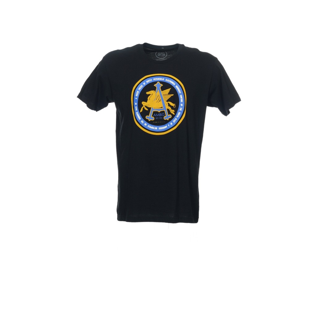 Ambig Mens Crew Neck T-Shirt S Black 100% Cotton Solid Graphic Pegasus Streetwea