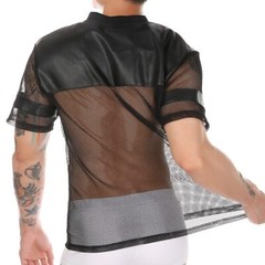 Men’s Transparent Fishnet Stripe Tee Tops Short Sleeve Black Mesh Sheer T-shirt