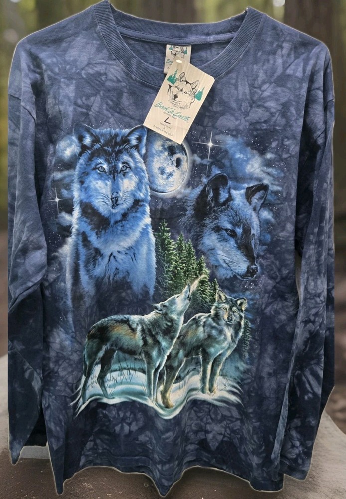 Back To Earth Nature Wear Wolf Pack Moon Night Tie Dye Long Sleeve Shirt L NWT