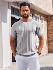 Men’s Casual Short Sleeve Knit T-Shirt – Ribbed Crewneck Pullover Tee