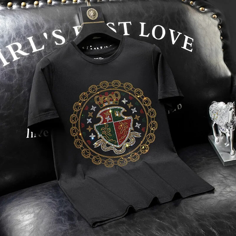 New Fashion Crown Rhinestones Summer Short Sleeve Luxury Men Streetwear T-Shirt